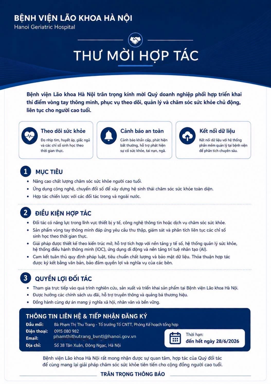 Bệnh viện Lão khoa Hà Nội mời hợp tác triển khai thí điểm vòng tay thông minh chăm sóc sức khỏe người cao tuổi